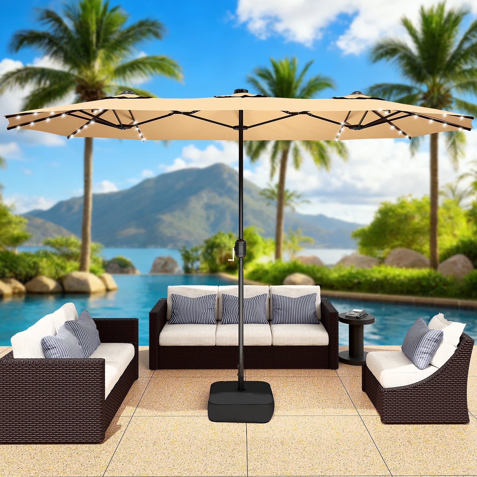 LEVELEVE 14FT Double-Sided Patio Umbrella with Base Included, Large Outdoor Rectangular Market Umbrella for Backyard, Poolside, Lawn & Garden