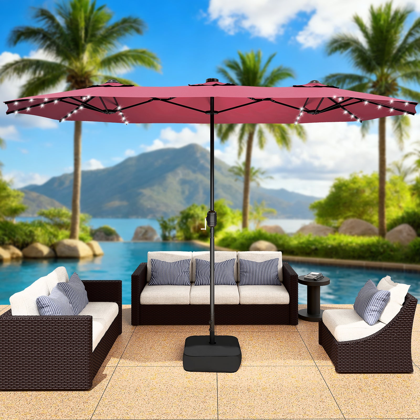 LEVELEVE 14FT Double-Sided Patio Umbrella with Base Included, Large Outdoor Rectangular Market Umbrella for Backyard, Poolside, Lawn & Garden