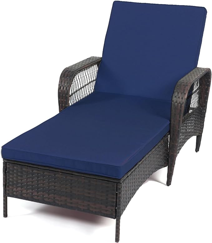 Rattan Outdoor Patio Lounge Chair with 6 Adjustable Positions, Armrests, and Padded Cushions