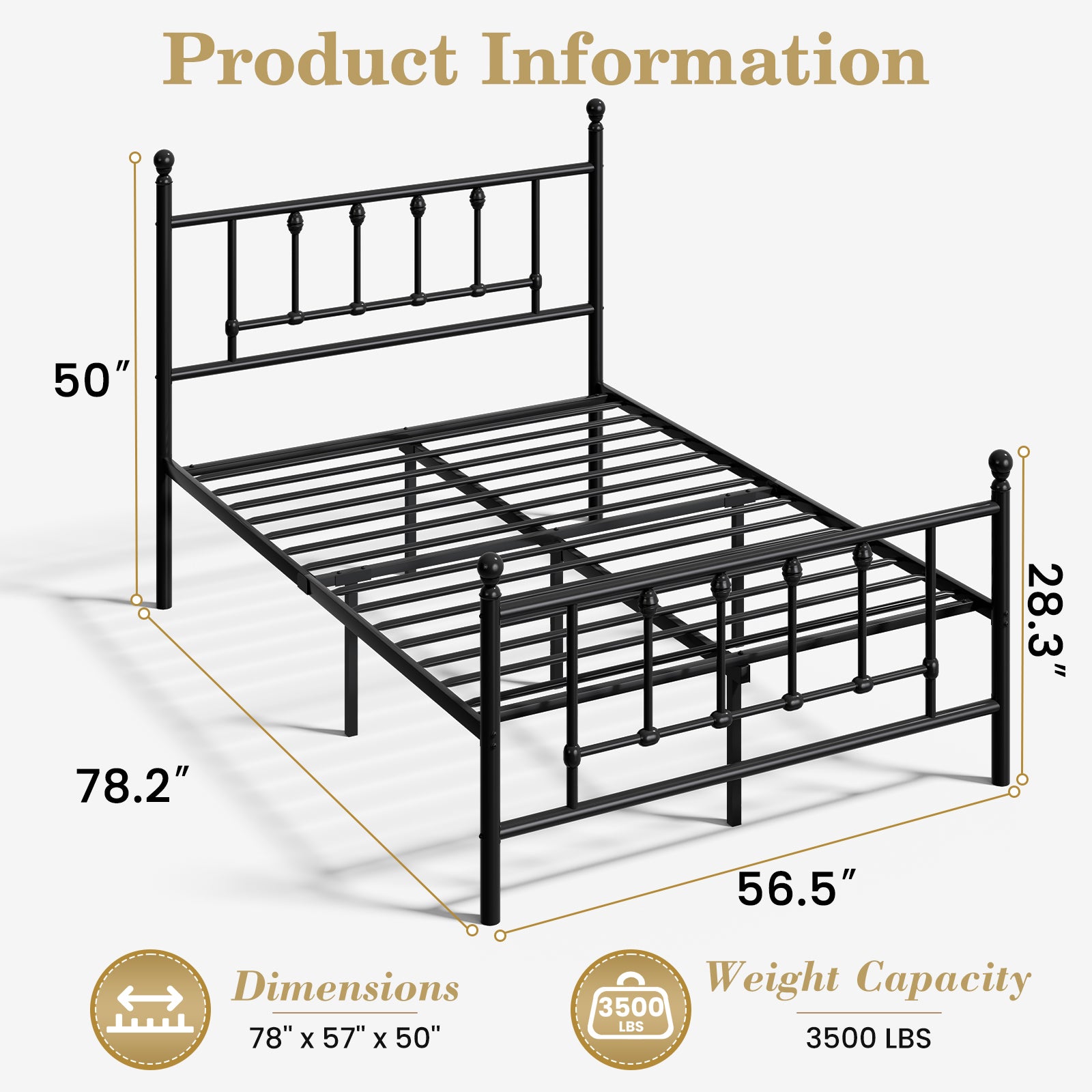 LEVELEVE 14 Inch Full Size Victorian Vintage Metal Platform Bed Frame with Headboard and Footboard, Underbed Storage, No Box Spring Needed, Easy Assembly, Black