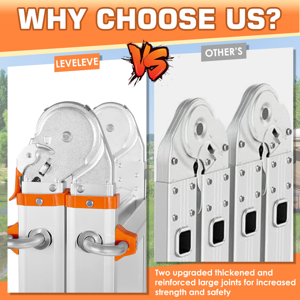 LEVELEVE Multi Position 3 Step Ladder, 14FT Extension Ladder with Stabilizer Bar & Wheels,330 lbs Security Load A Frame Ladder for Stairs Home Indoor Outdoor Roof