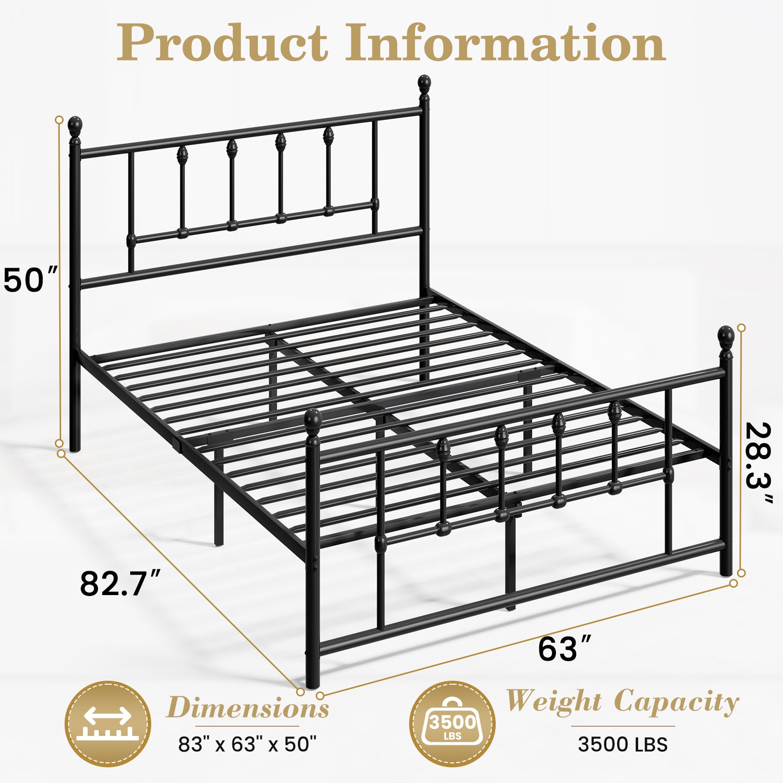 LEVELEVE 14 Inch Full Size Victorian Vintage Metal Platform Bed Frame with Headboard and Footboard, Underbed Storage, No Box Spring Needed, Easy Assembly, Black