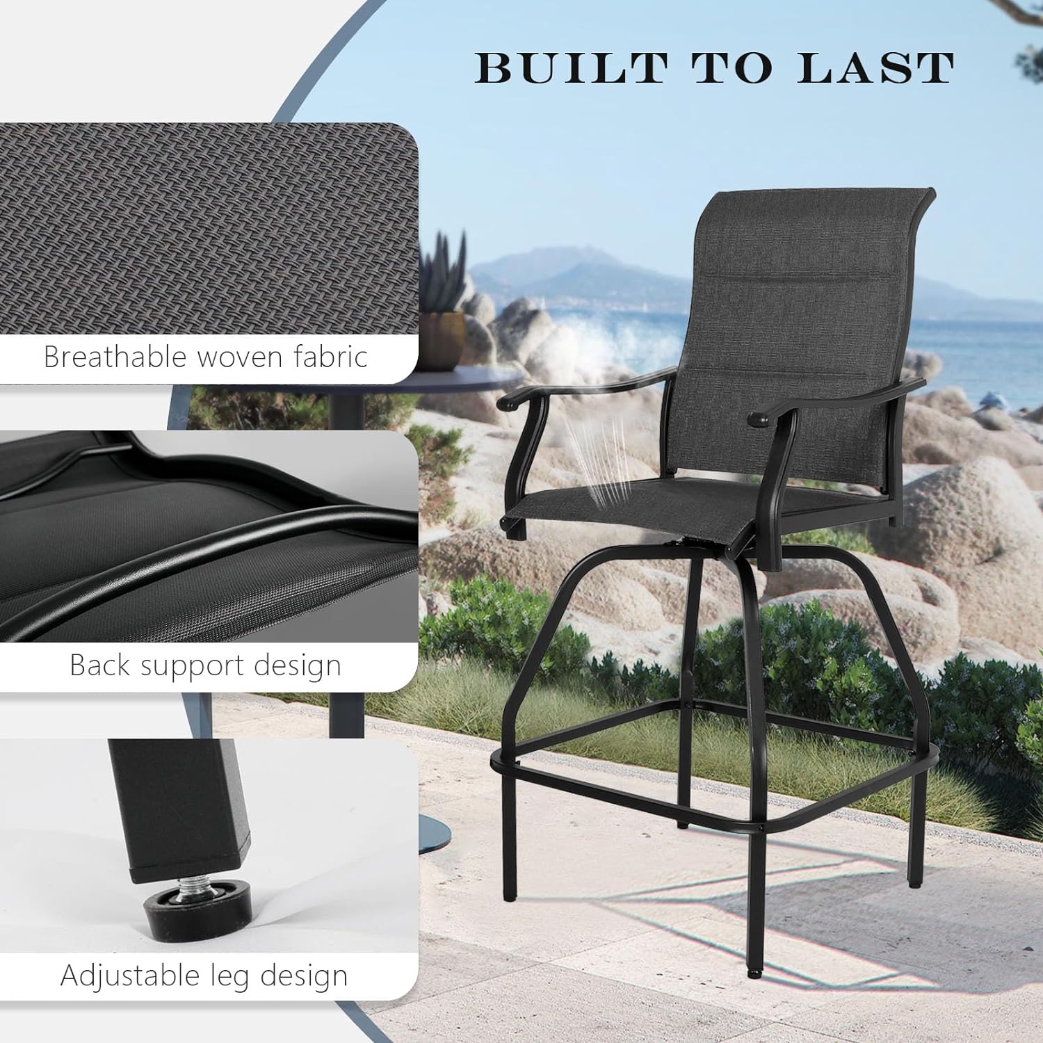 Patio Bar Set Swivel Bar Stools Outdoor Bistro Texteline Stability All-Weather Furniture Set with Height Table