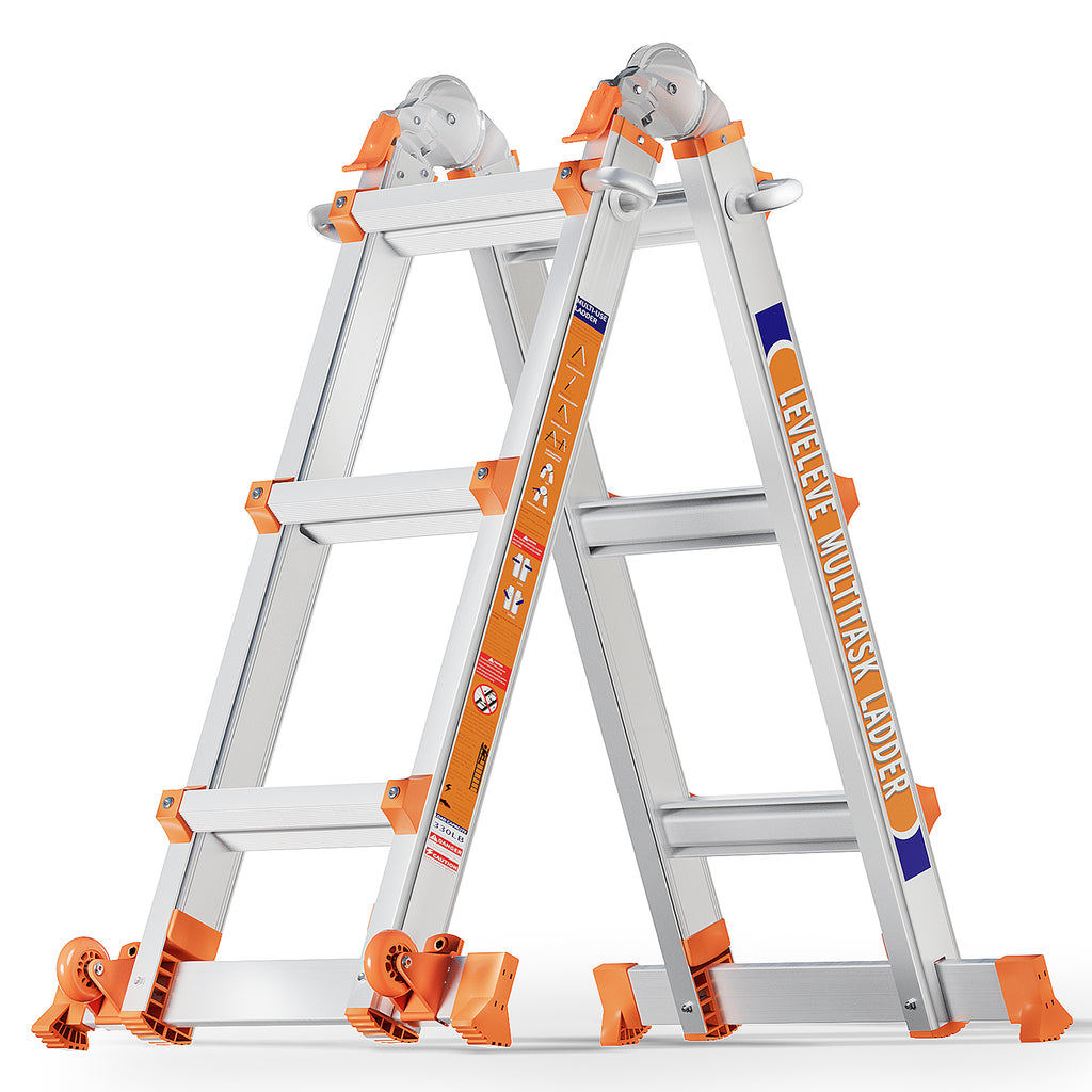 LEVELEVE Multi Position 3 Step Ladder, 14FT Extension Ladder with Stabilizer Bar & Wheels,330 lbs Security Load A Frame Ladder for Stairs Home Indoor Outdoor Roof