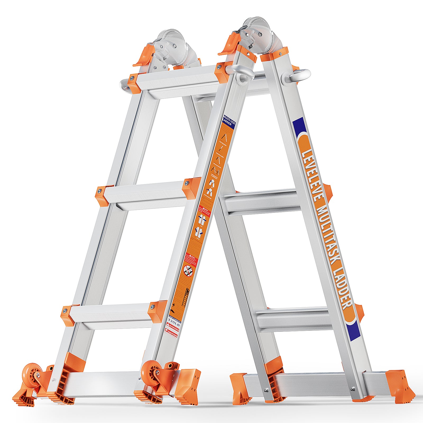 LEVELEVE Multi Position 3 Step Ladder, 14FT Extension Ladder with Stabilizer Bar & Wheels,330 lbs Security Load A Frame Ladder for Stairs Home Indoor Outdoor Roof