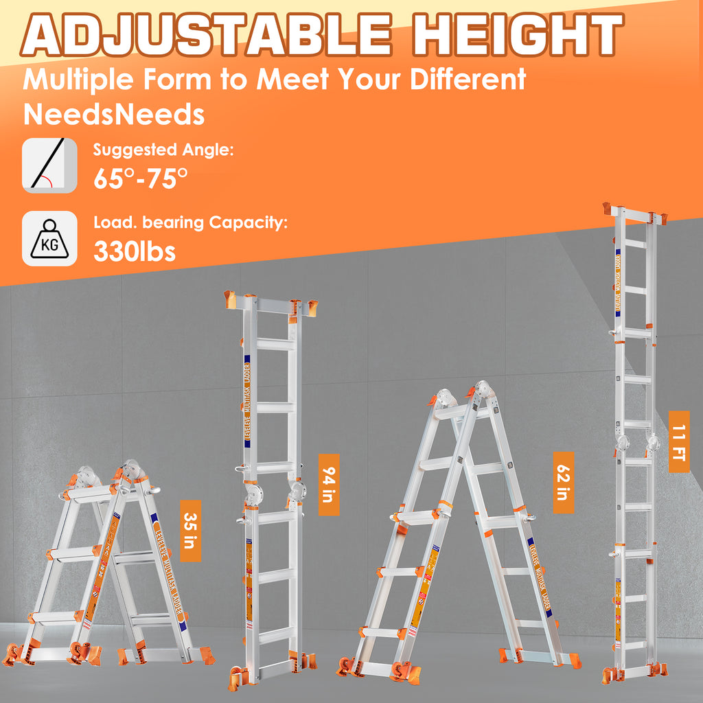 LEVELEVE Multi Position 3 Step Ladder, 14FT Extension Ladder with Stabilizer Bar & Wheels,330 lbs Security Load A Frame Ladder for Stairs Home Indoor Outdoor Roof