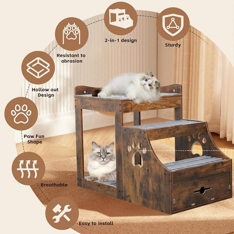 Pet Window Perch with Stairs, Super Large Pet Bunk Bed for Cats, Multi-Level Pet Seat Platform with Mats, Pet Bed Couch with Drawers for Bedside, Home, Indoor Use
