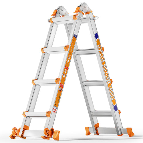 LEVELEVE Multi Position 3 Step Ladder, 14FT Extension Ladder with Stabilizer Bar & Wheels,330 lbs Security Load A Frame Ladder for Stairs Home Indoor Outdoor Roof