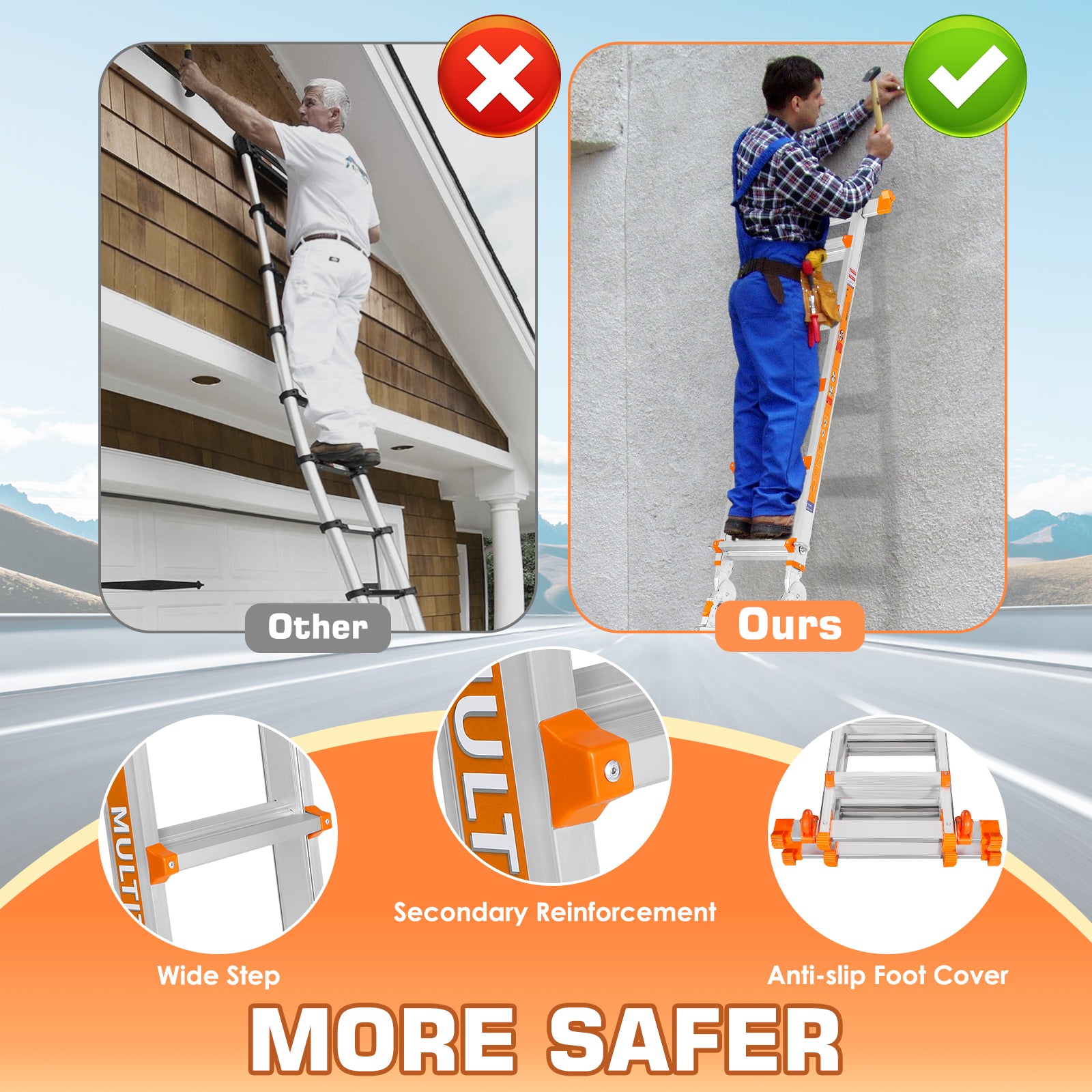 LEVELEVE Multi Position 3 Step Ladder, 14FT Extension Ladder with Stabilizer Bar & Wheels,330 lbs Security Load A Frame Ladder for Stairs Home Indoor Outdoor Roof