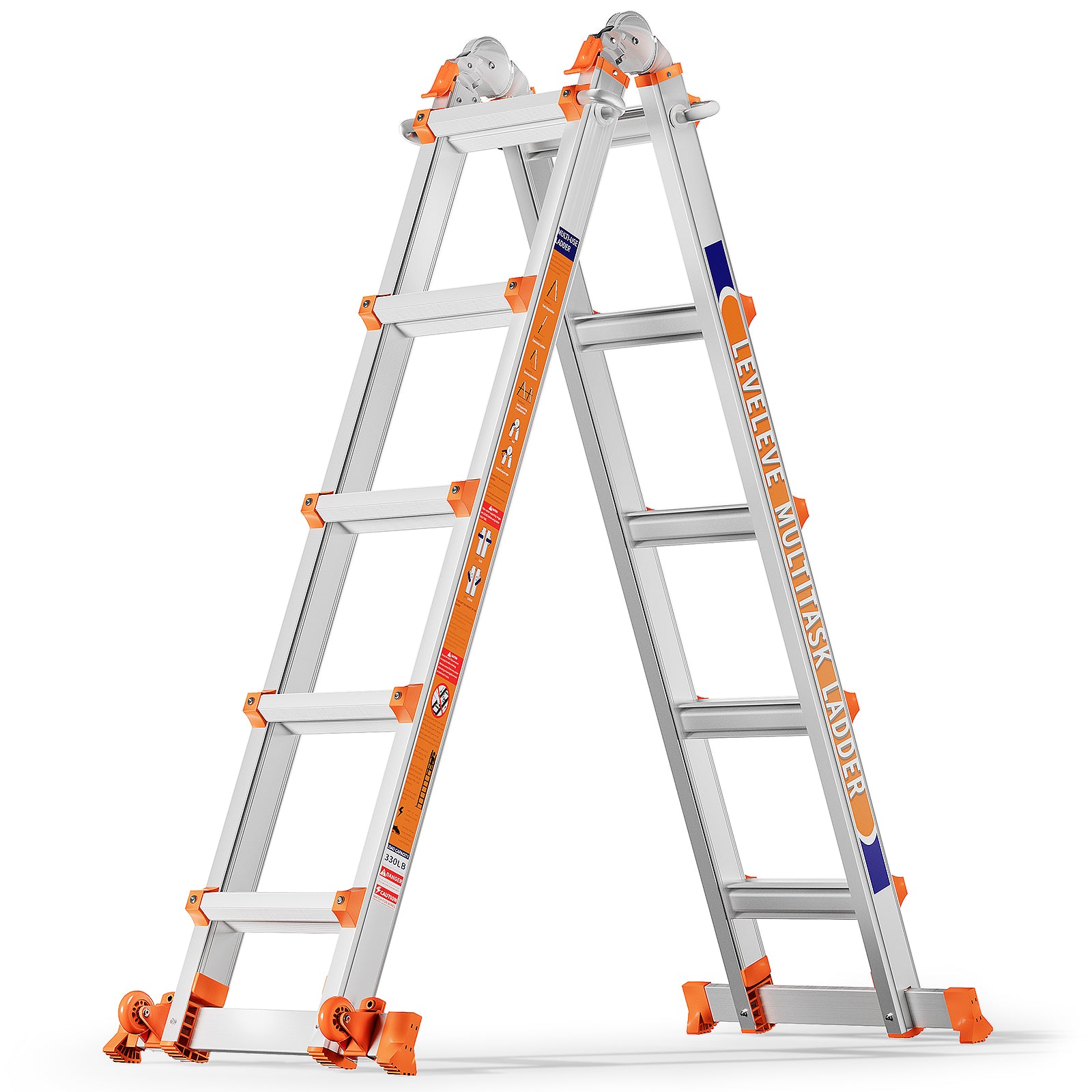 LEVELEVE Multi Position 3 Step Ladder, 14FT Extension Ladder with Stabilizer Bar & Wheels,330 lbs Security Load A Frame Ladder for Stairs Home Indoor Outdoor Roof