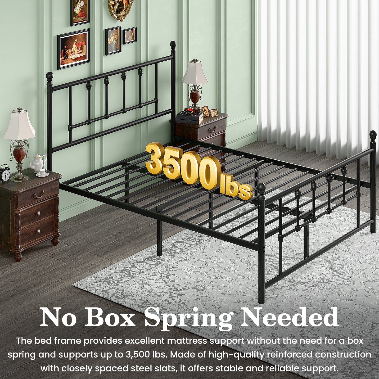 LEVELEVE 14 Inch Full Size Victorian Vintage Metal Platform Bed Frame with Headboard and Footboard, Underbed Storage, No Box Spring Needed, Easy Assembly, Black