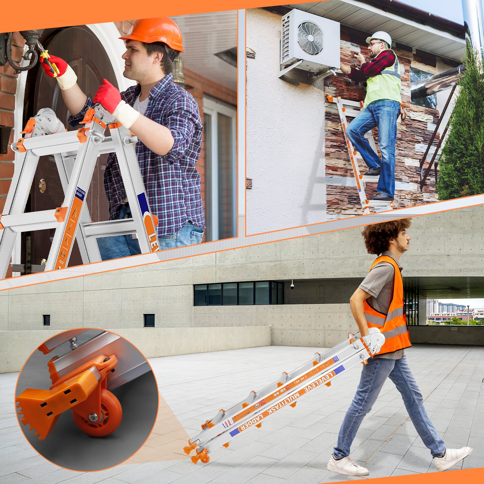 LEVELEVE Multi Position 3 Step Ladder, 14FT Extension Ladder with Stabilizer Bar & Wheels,330 lbs Security Load A Frame Ladder for Stairs Home Indoor Outdoor Roof