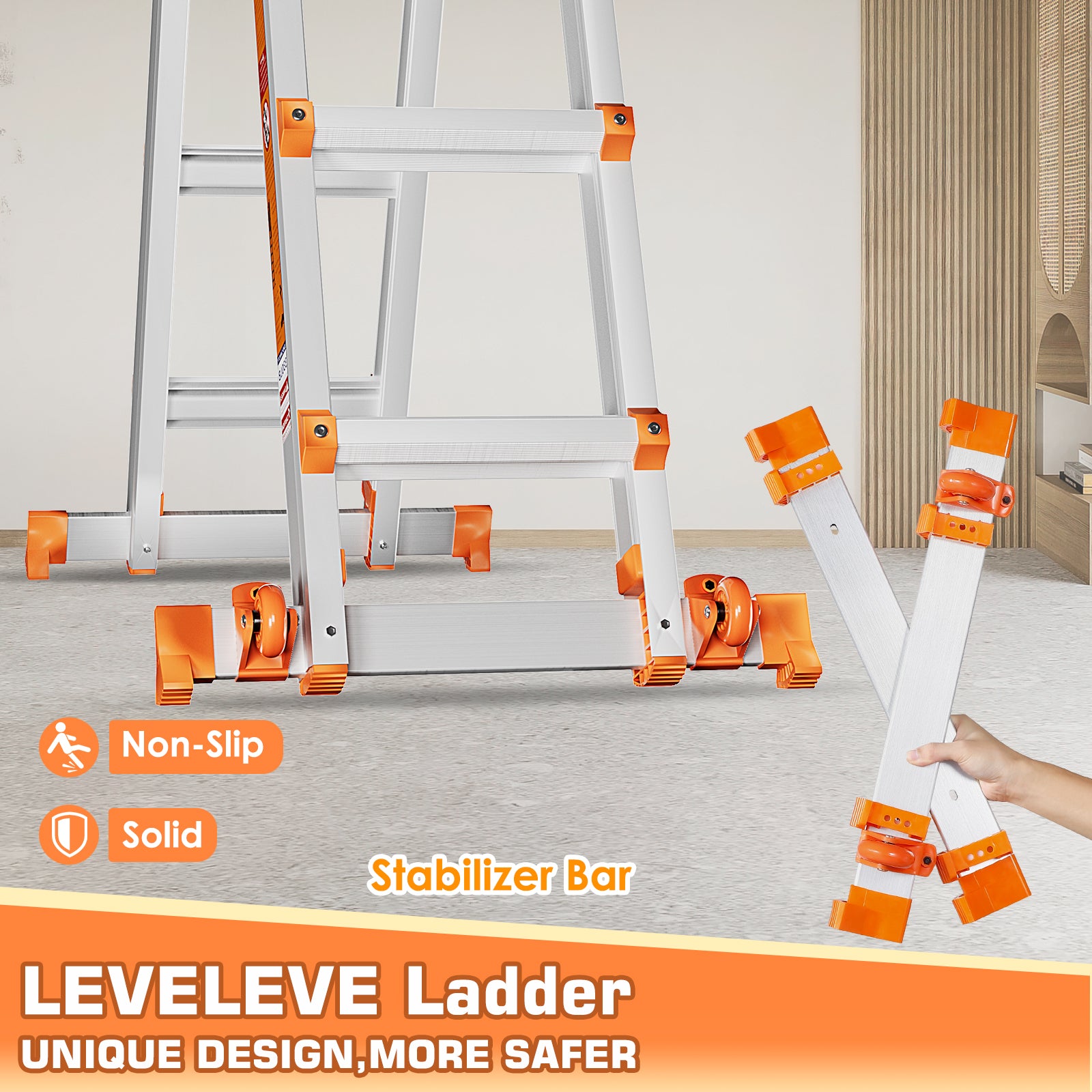 LEVELEVE Multi Position 3 Step Ladder, 14FT Extension Ladder with Stabilizer Bar & Wheels,330 lbs Security Load A Frame Ladder for Stairs Home Indoor Outdoor Roof