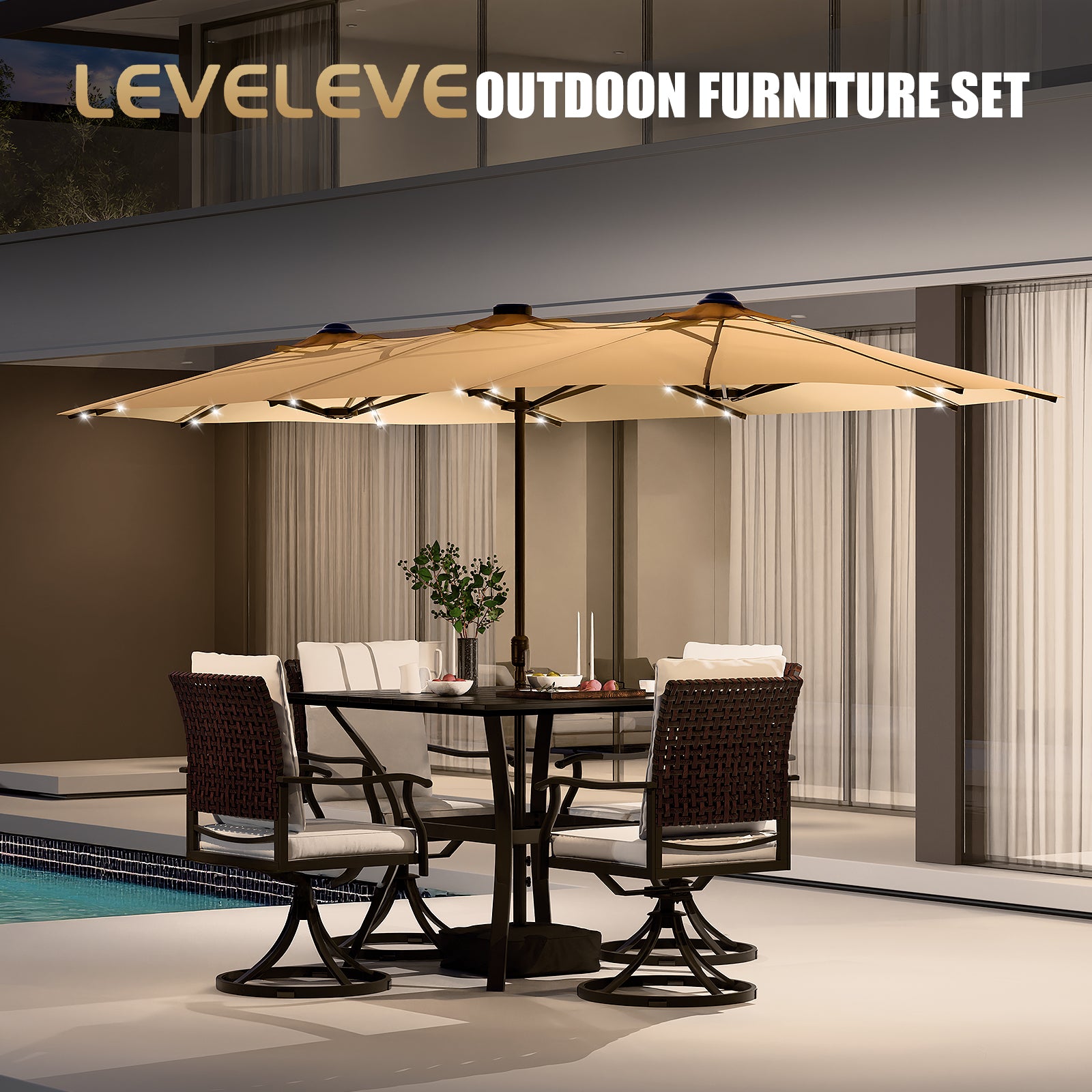 LEVELEVE 14FT Double-Sided Patio Umbrella with Base Included, Large Outdoor Rectangular Market Umbrella for Backyard, Poolside, Lawn & Garden