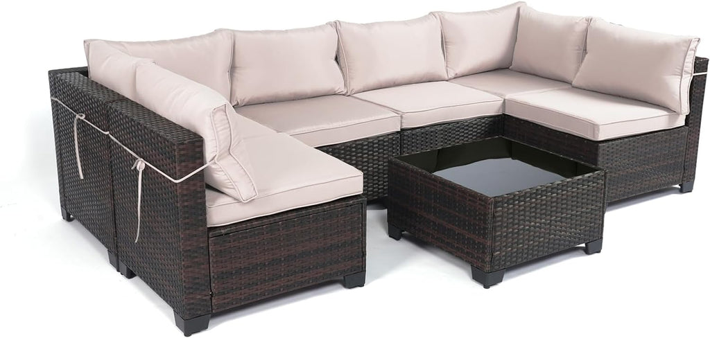 Outdoor Patio Furniture Sets: 7-Piece Rattan Conversation Sectional Set with Wicker Sofa & Tea Table