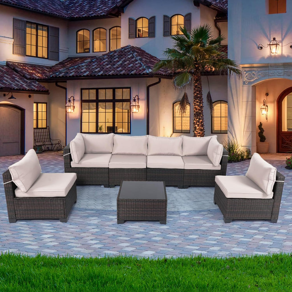 Outdoor Patio Furniture Sets: 7-Piece Rattan Conversation Sectional Set with Wicker Sofa & Tea Table