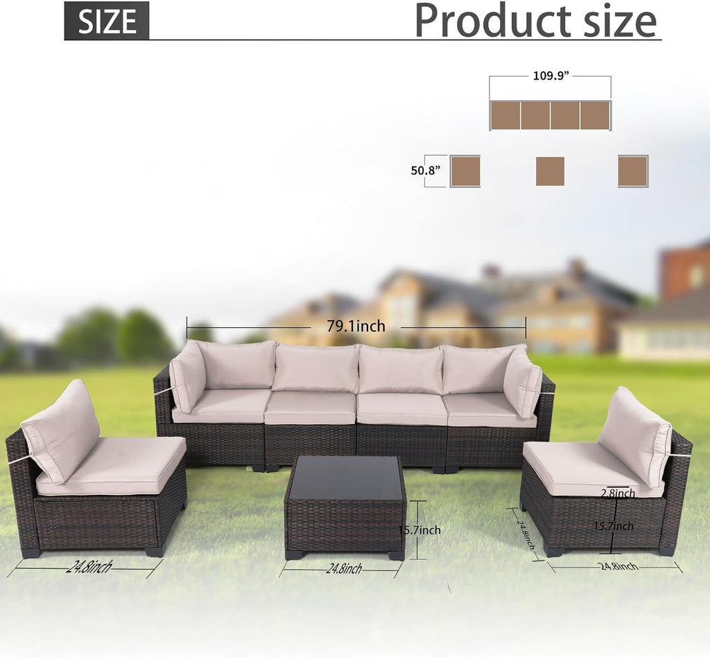 Outdoor Patio Furniture Sets: 7-Piece Rattan Conversation Sectional Set with Wicker Sofa & Tea Table