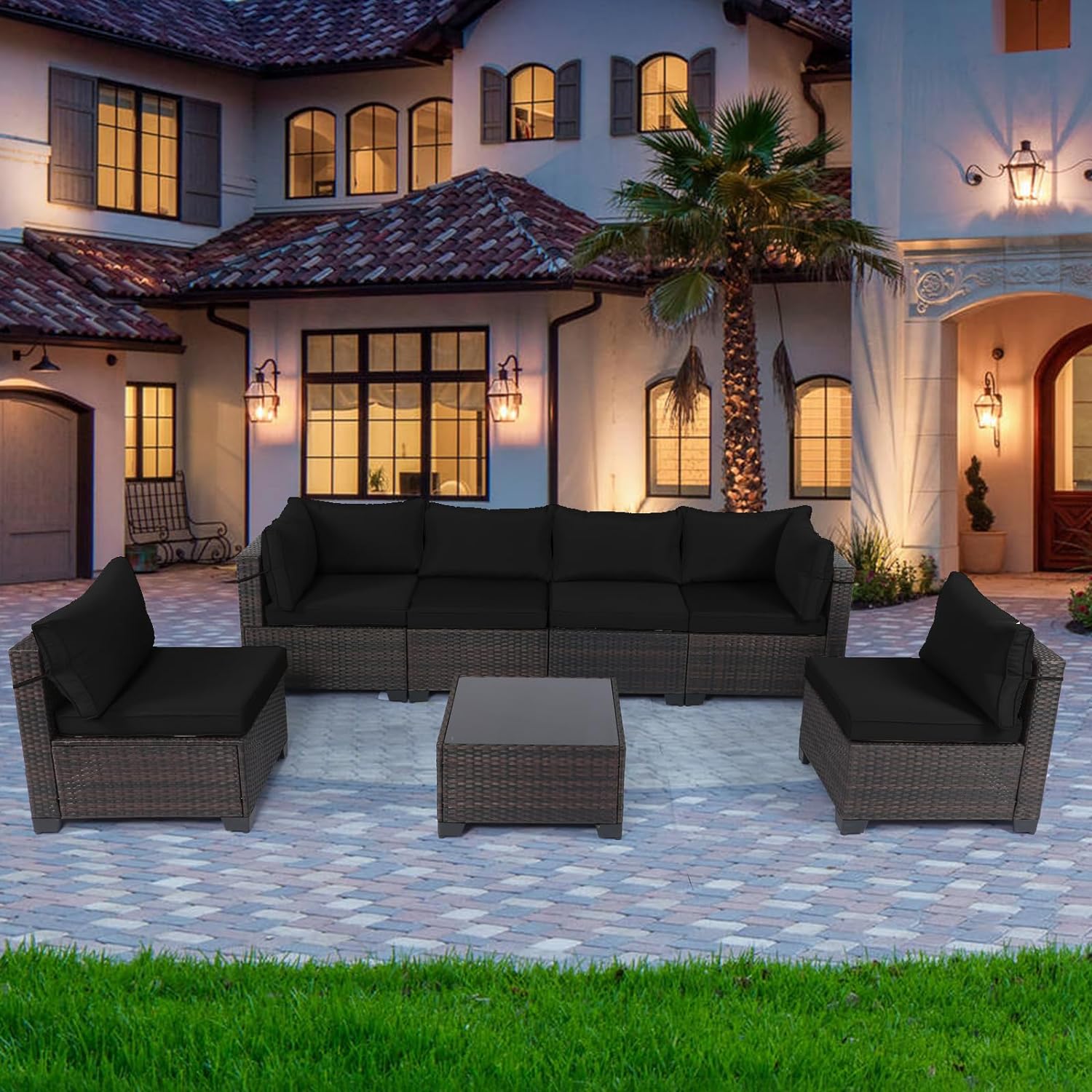 Outdoor Patio Furniture Sets: 7-Piece Rattan Conversation Sectional Set with Wicker Sofa & Tea Table
