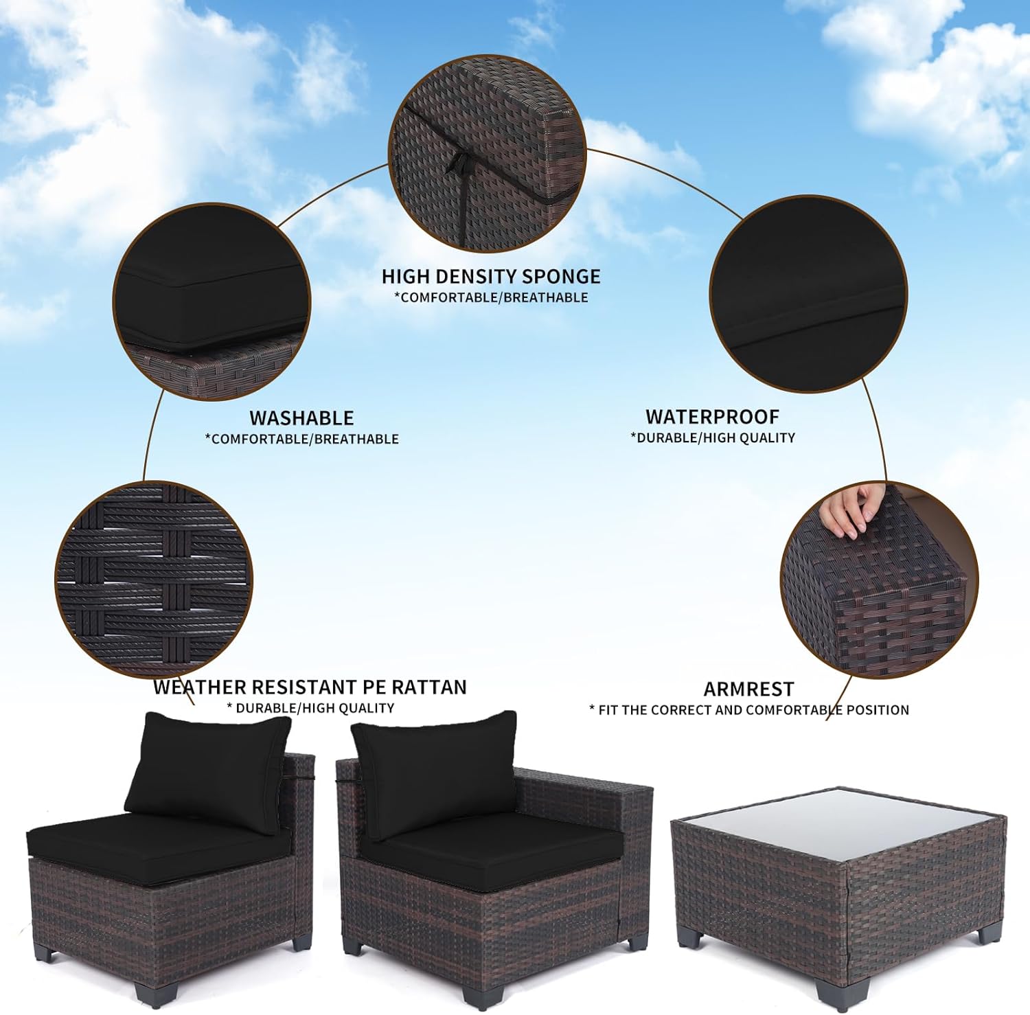 Outdoor Patio Furniture Sets: 7-Piece Rattan Conversation Sectional Set with Wicker Sofa & Tea Table