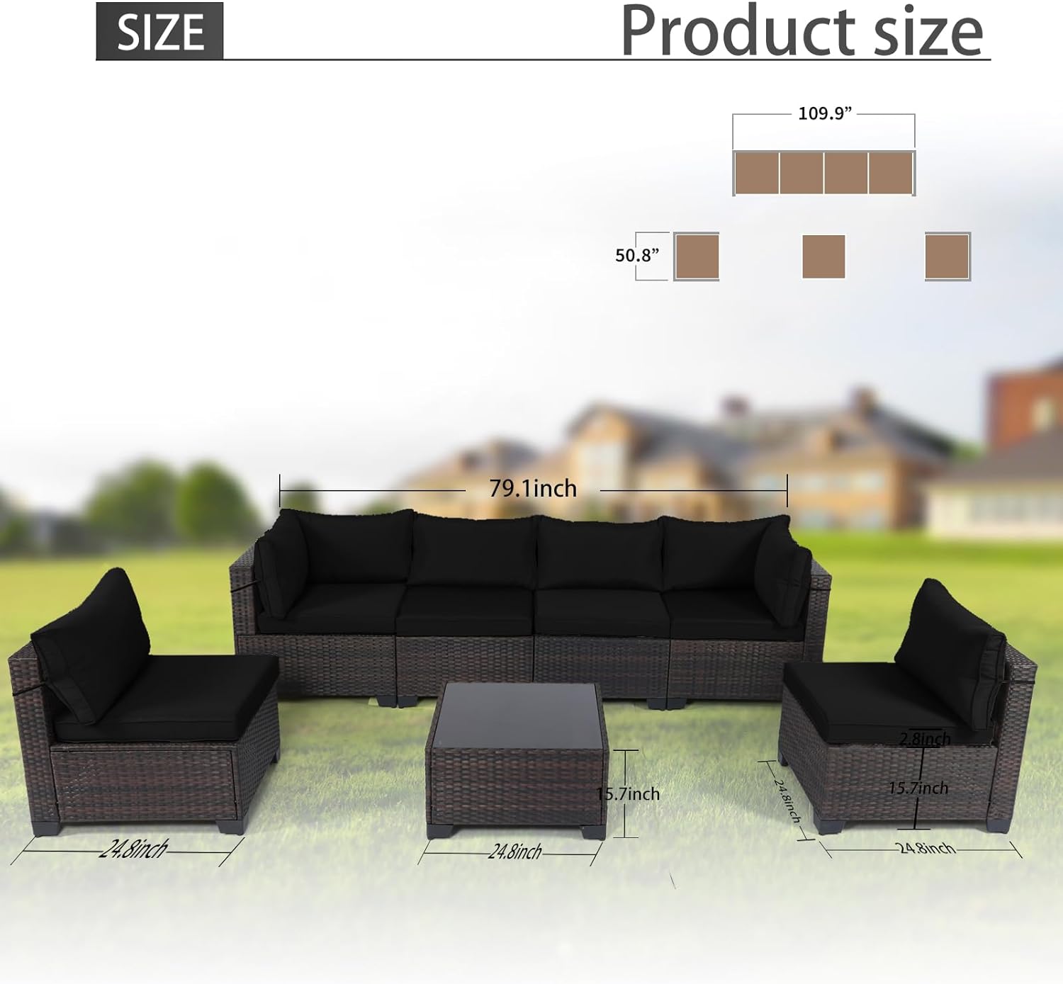 Outdoor Patio Furniture Sets: 7-Piece Rattan Conversation Sectional Set with Wicker Sofa & Tea Table