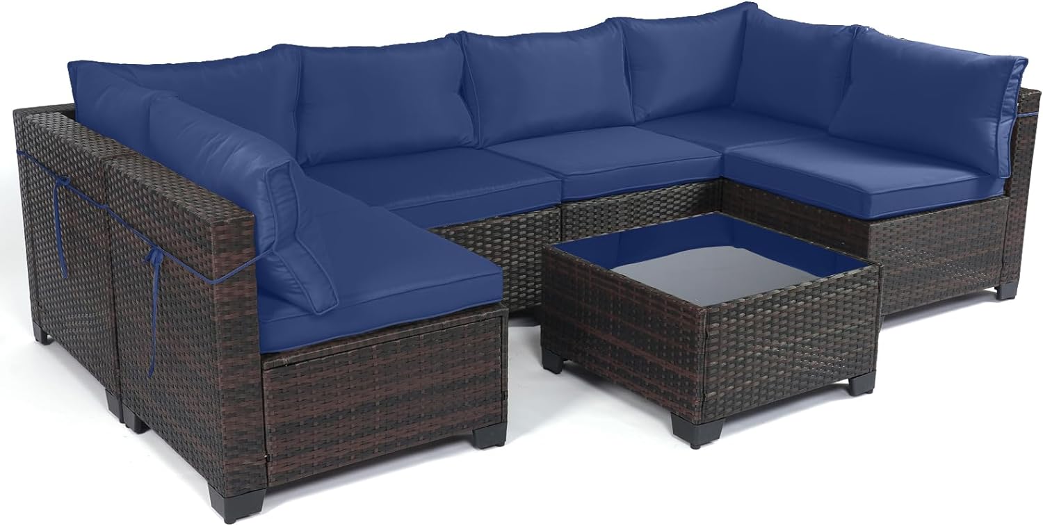 Outdoor Patio Furniture Sets: 7-Piece Rattan Conversation Sectional Set with Wicker Sofa & Tea Table