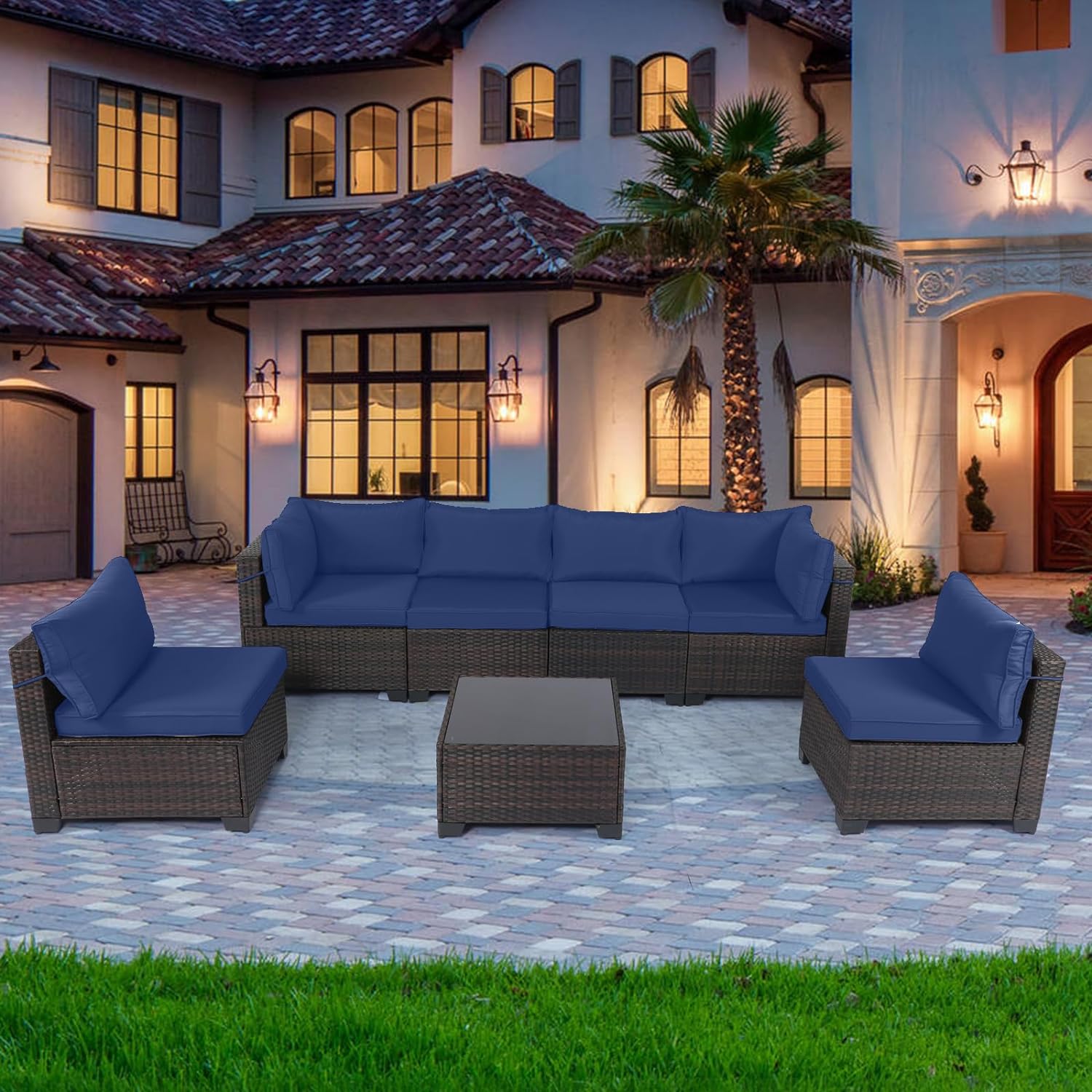 Outdoor Patio Furniture Sets: 7-Piece Rattan Conversation Sectional Set with Wicker Sofa & Tea Table