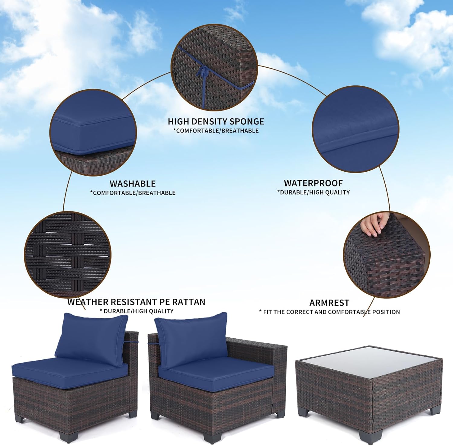 Outdoor Patio Furniture Sets: 7-Piece Rattan Conversation Sectional Set with Wicker Sofa & Tea Table