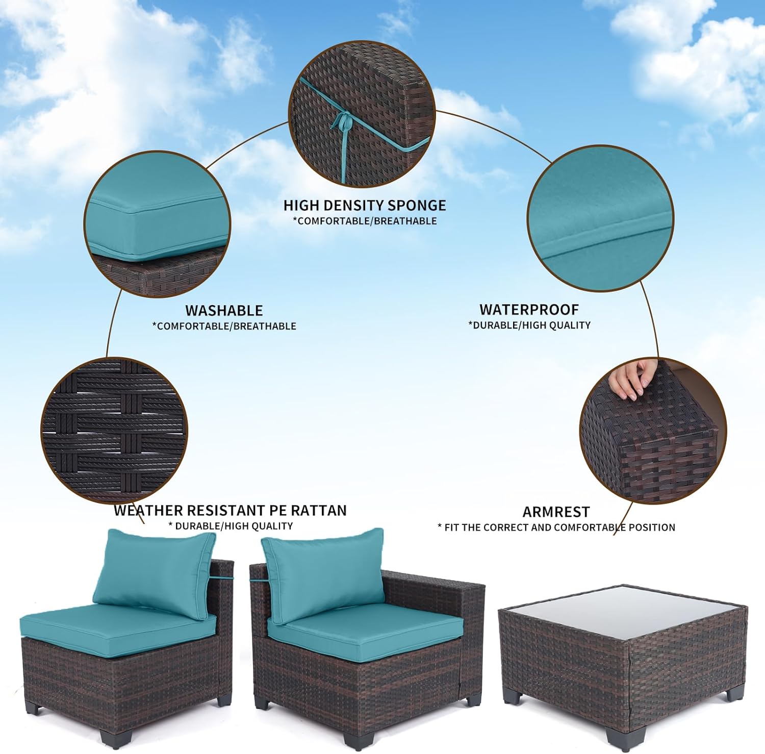 Outdoor Patio Furniture Sets: 7-Piece Rattan Conversation Sectional Set with Wicker Sofa & Tea Table