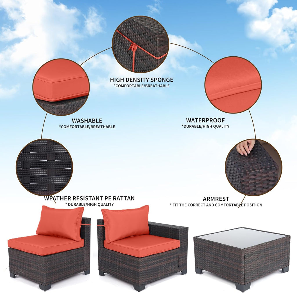 Outdoor Patio Furniture Sets: 7-Piece Rattan Conversation Sectional Set with Wicker Sofa & Tea Table