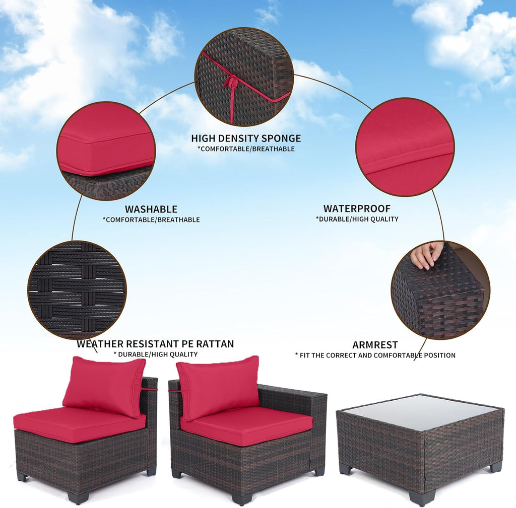 Outdoor Patio Furniture Sets: 7-Piece Rattan Conversation Sectional Set with Wicker Sofa & Tea Table