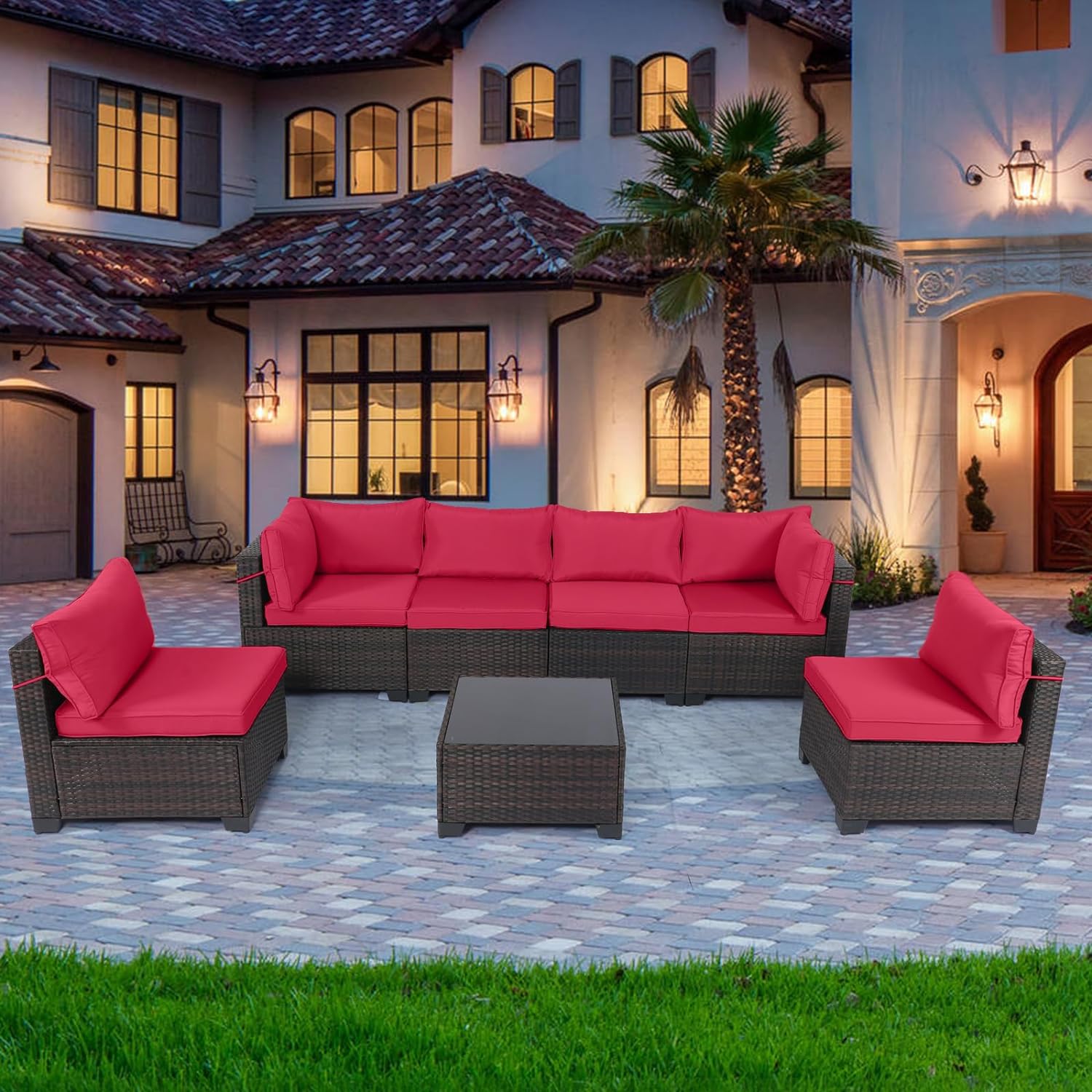 Outdoor Patio Furniture Sets: 7-Piece Rattan Conversation Sectional Set with Wicker Sofa & Tea Table