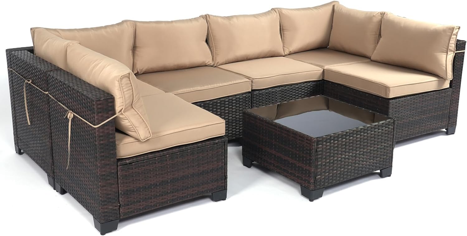 Outdoor Patio Furniture Sets: 7-Piece Rattan Conversation Sectional Set with Wicker Sofa & Tea Table