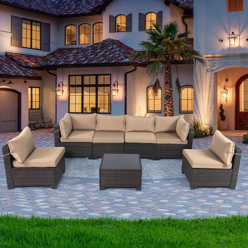 Outdoor Patio Furniture Sets: 7-Piece Rattan Conversation Sectional Set with Wicker Sofa & Tea Table