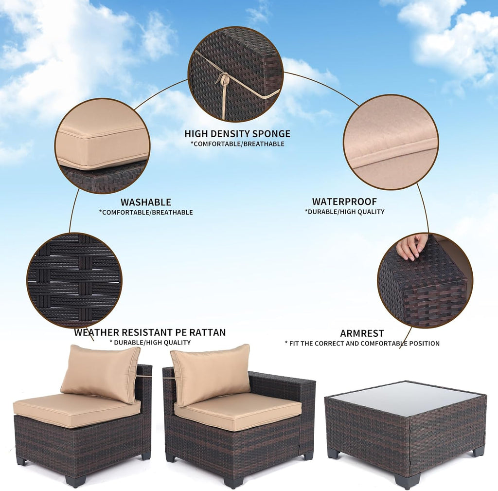 Outdoor Patio Furniture Sets: 7-Piece Rattan Conversation Sectional Set with Wicker Sofa & Tea Table