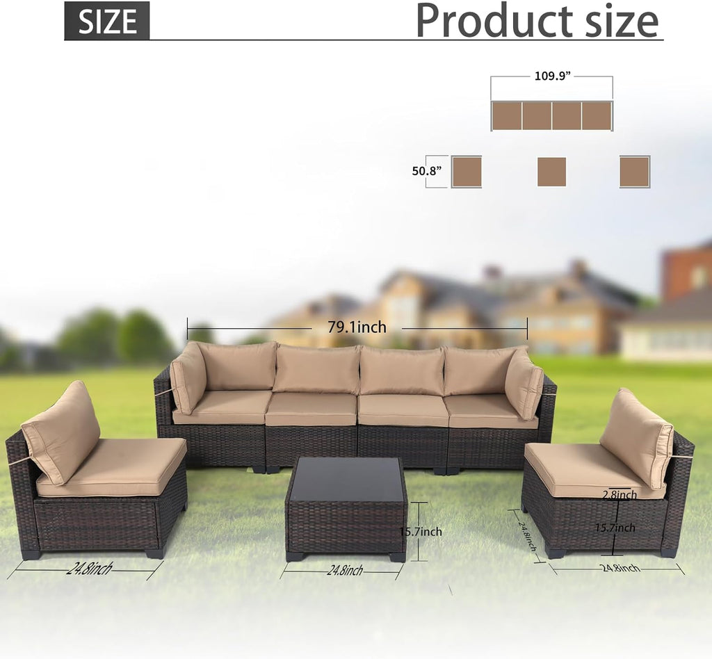 Outdoor Patio Furniture Sets: 7-Piece Rattan Conversation Sectional Set with Wicker Sofa & Tea Table