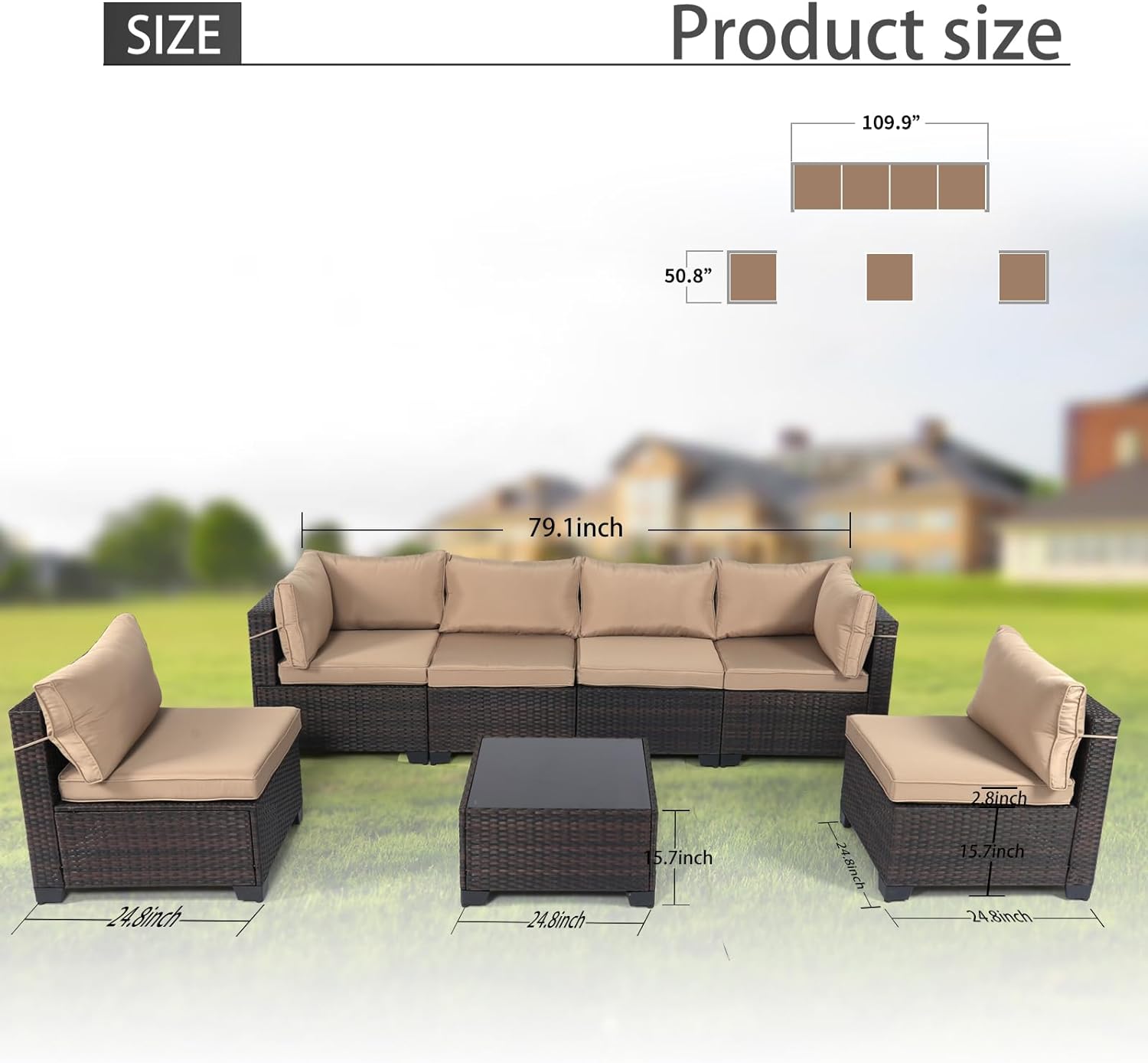Outdoor Patio Furniture Sets: 7-Piece Rattan Conversation Sectional Set with Wicker Sofa & Tea Table