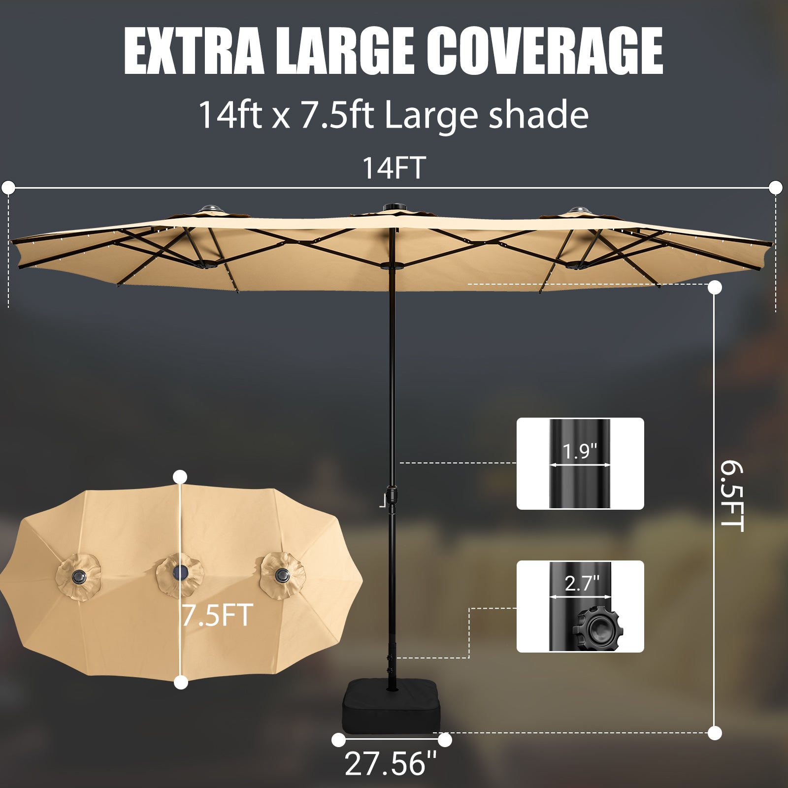 LEVELEVE 14FT Double-Sided Patio Umbrella with Base Included, Large Outdoor Rectangular Market Umbrella for Backyard, Poolside, Lawn & Garden