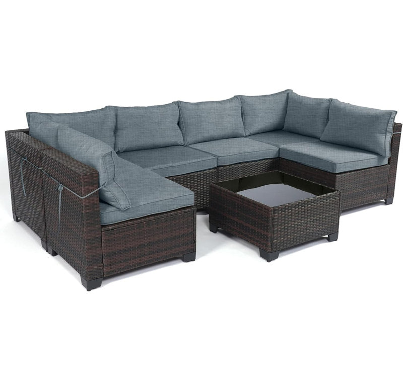 Outdoor Patio Furniture Sets: 7-Piece Rattan Conversation Sectional Set with Wicker Sofa & Tea Table