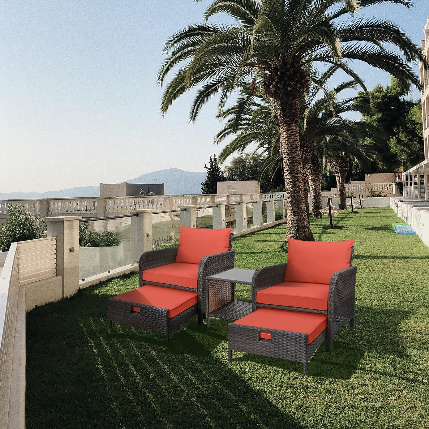 5 Piece Patio Conversation Set with Wicker Rattan Outdoor Lounge Chairs, Soft Cushions, Ottoman, Glass Table