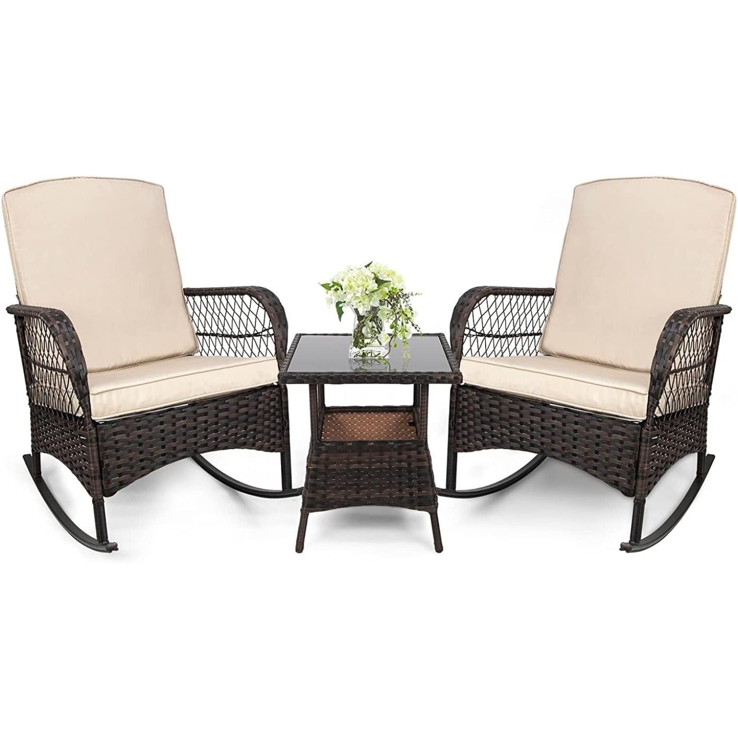 LEVELEVE Wicker Conversation Rocking Bistro Set - 3 Pieces