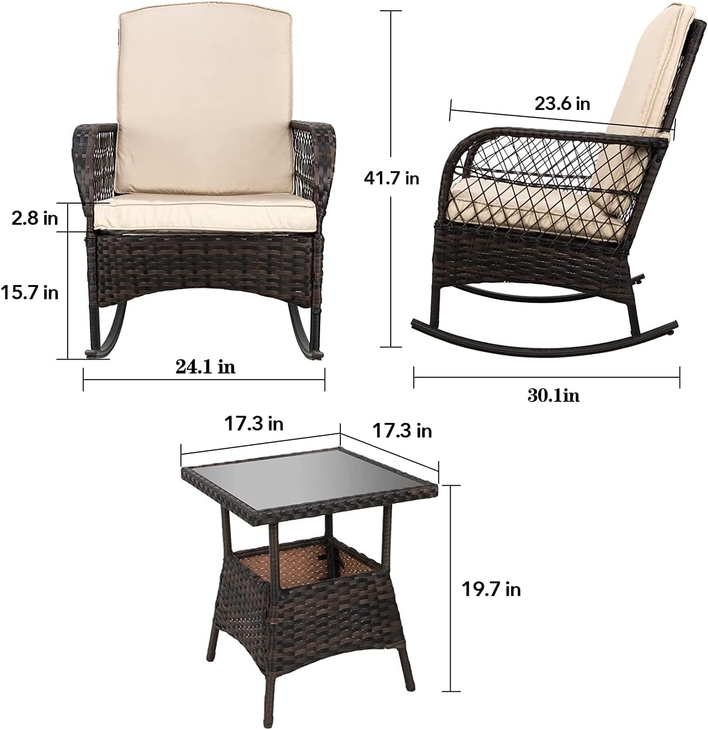 LEVELEVE Wicker Conversation Rocking Bistro Set - 3 Pieces