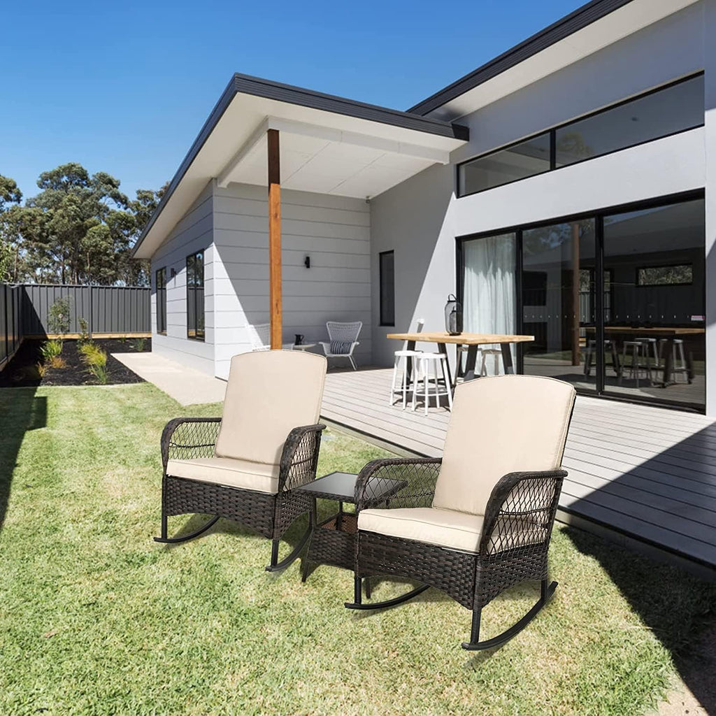 LEVELEVE Wicker Conversation Rocking Bistro Set - 3 Pieces