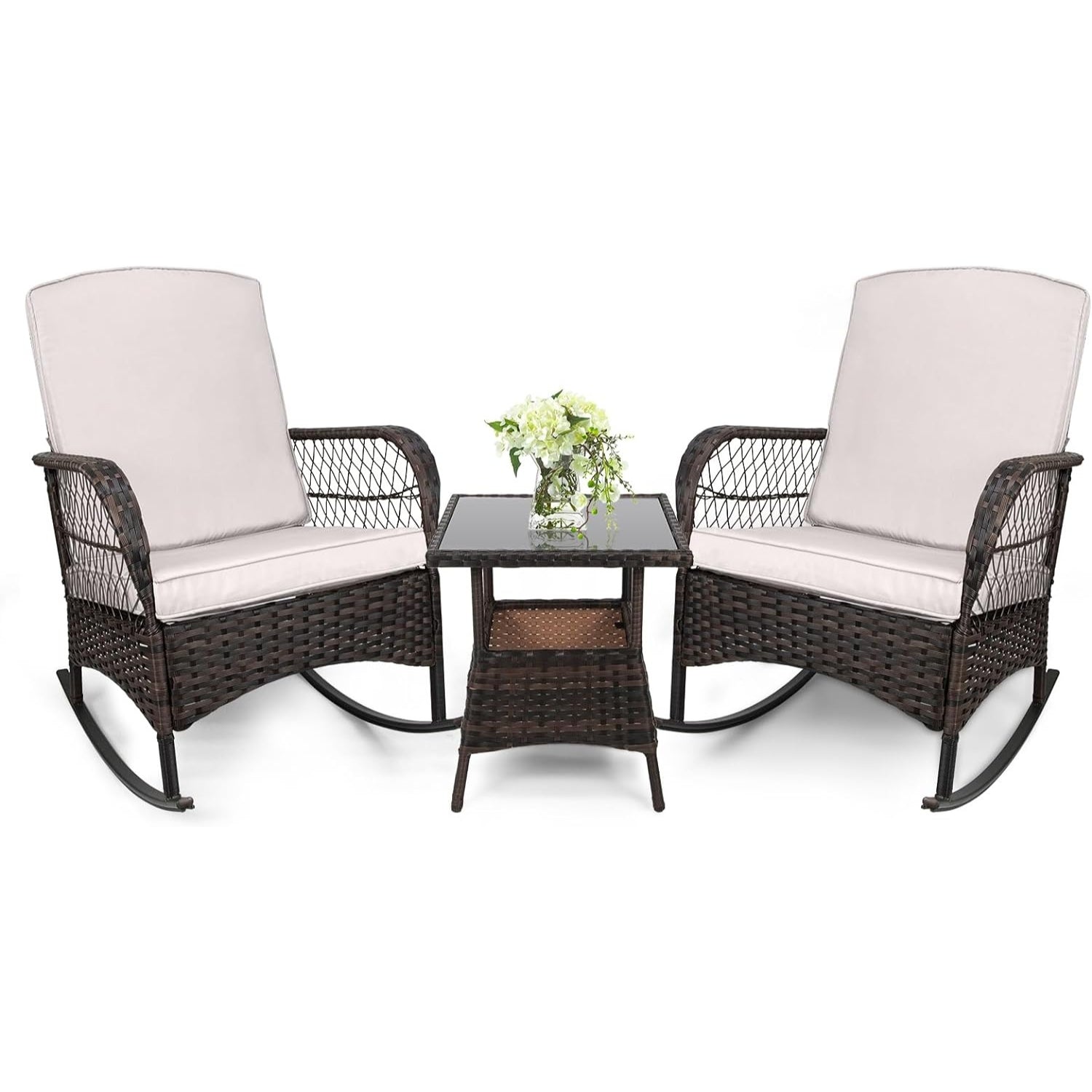 LEVELEVE Wicker Conversation Rocking Bistro Set - 3 Pieces