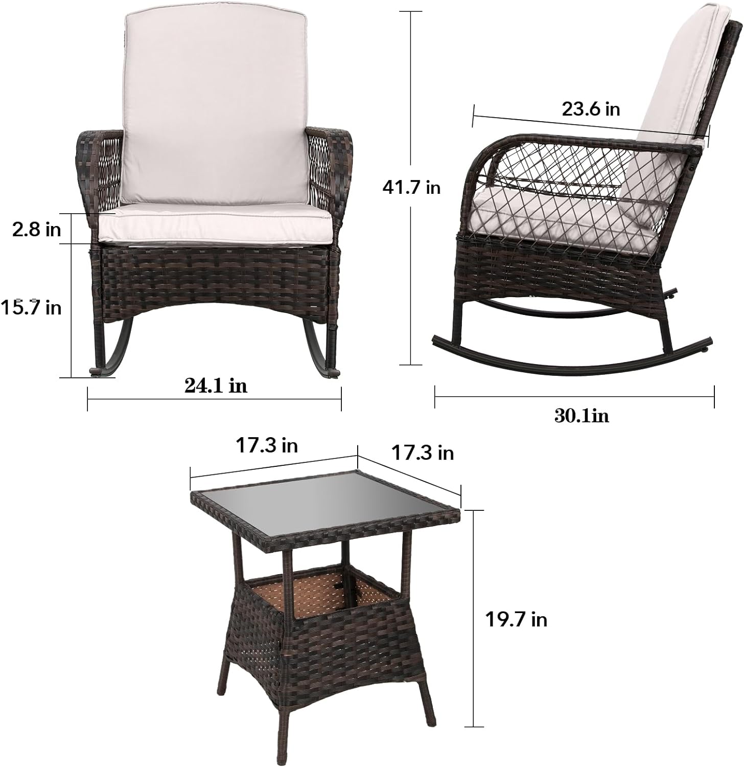 LEVELEVE Wicker Conversation Rocking Bistro Set - 3 Pieces