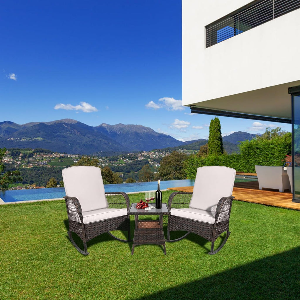 LEVELEVE Wicker Conversation Rocking Bistro Set - 3 Pieces