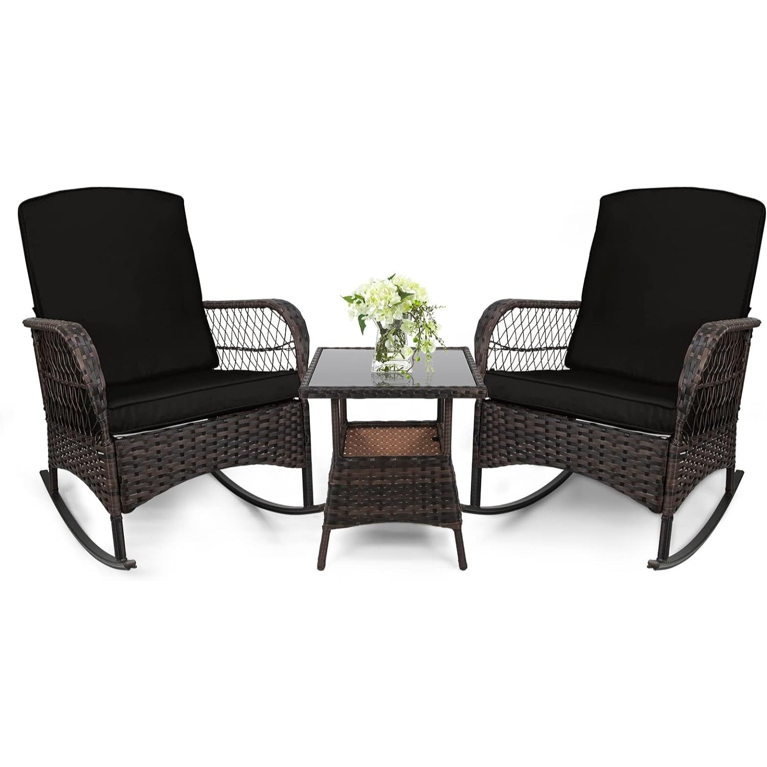 LEVELEVE Wicker Conversation Rocking Bistro Set - 3 Pieces