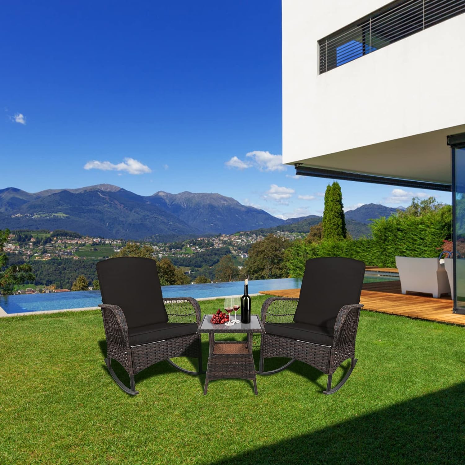 LEVELEVE Wicker Conversation Rocking Bistro Set - 3 Pieces