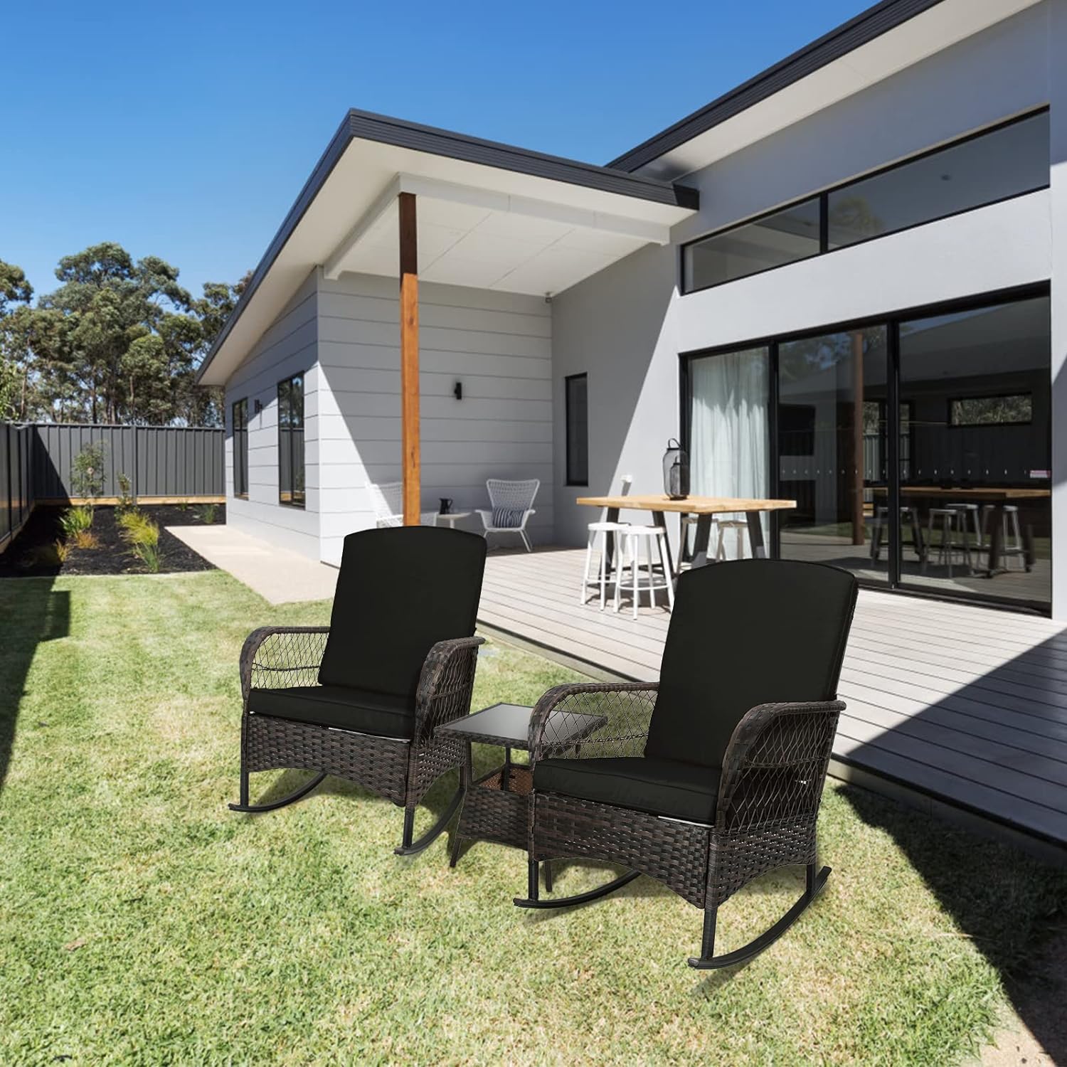 LEVELEVE Wicker Conversation Rocking Bistro Set - 3 Pieces