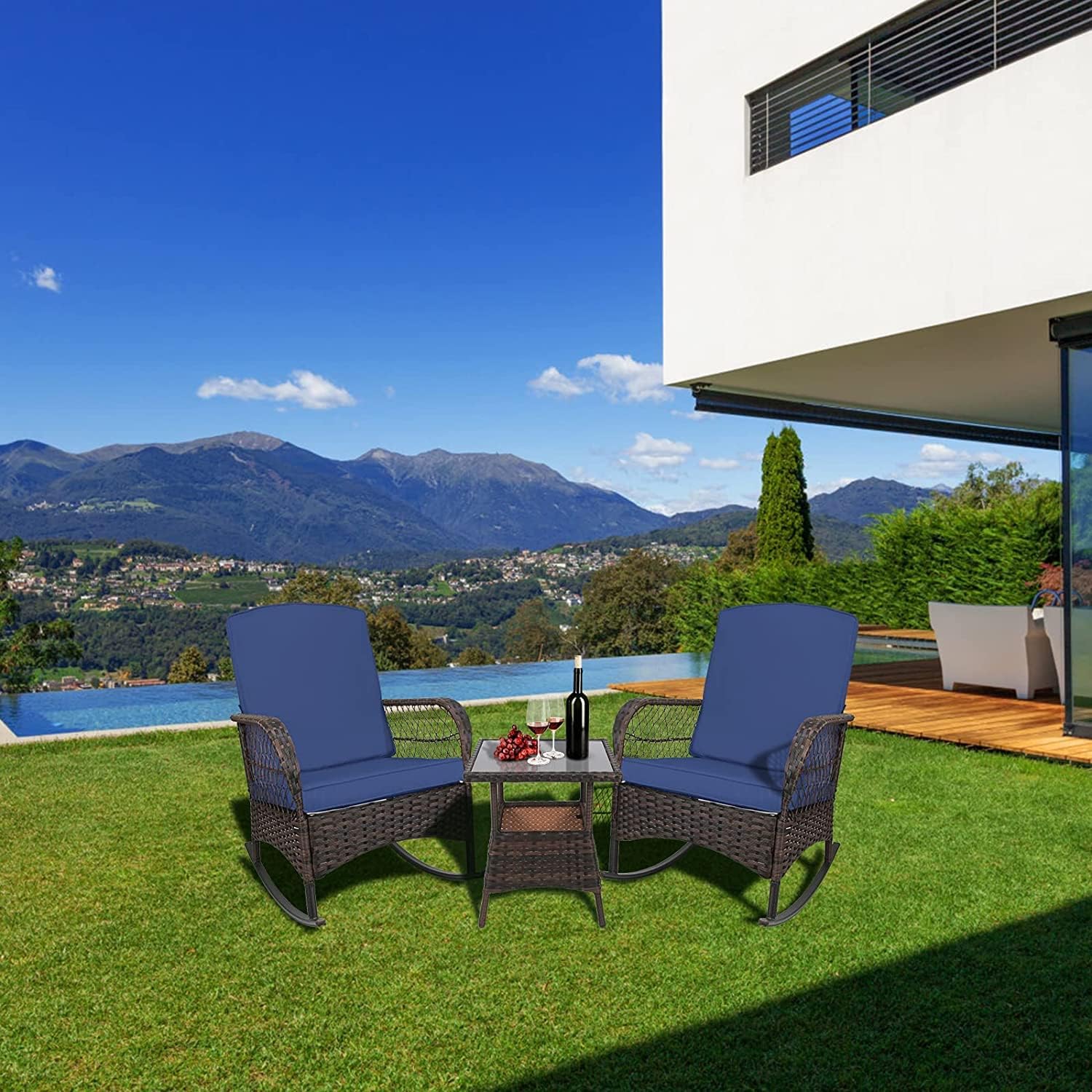 LEVELEVE Wicker Conversation Rocking Bistro Set - 3 Pieces