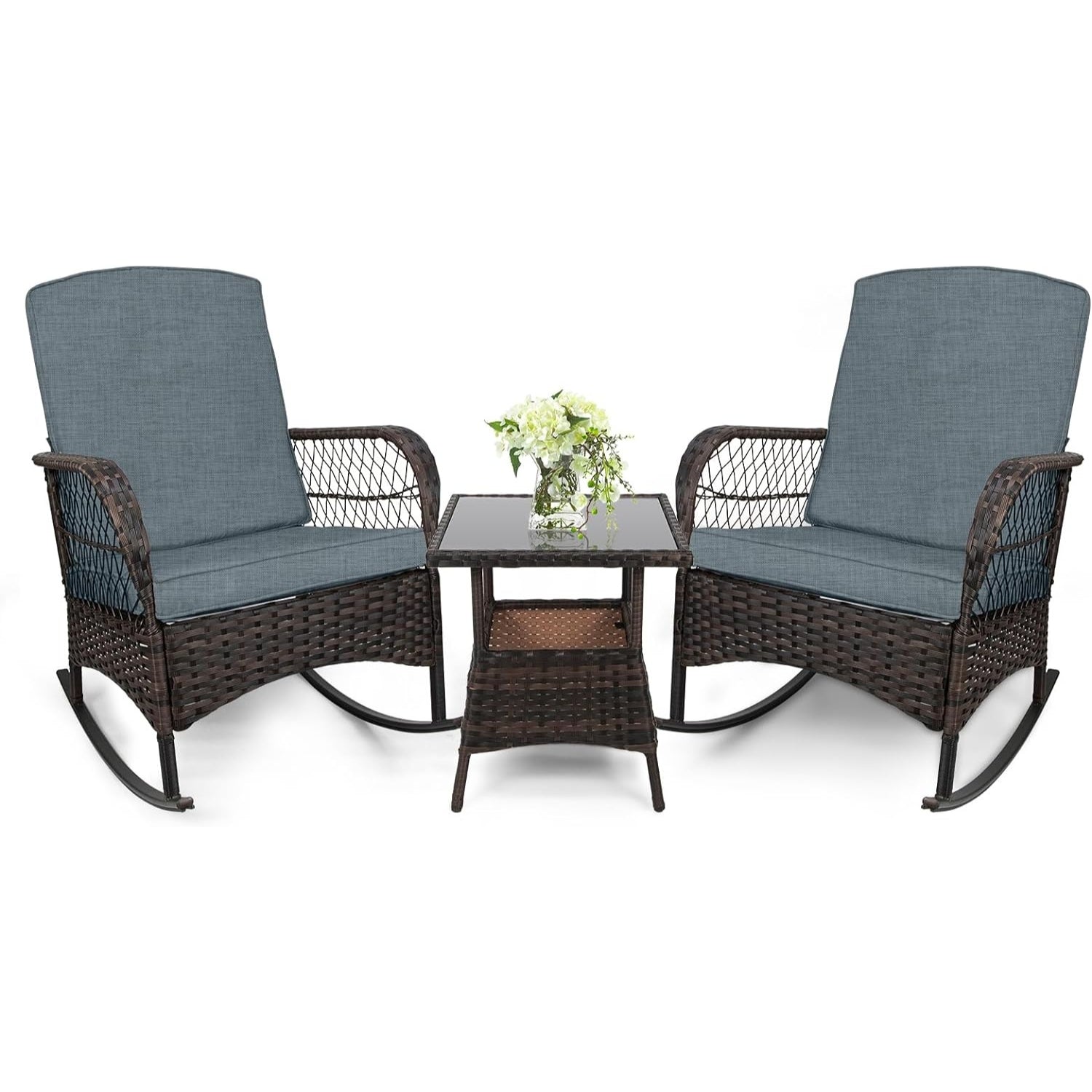 LEVELEVE Wicker Conversation Rocking Bistro Set - 3 Pieces